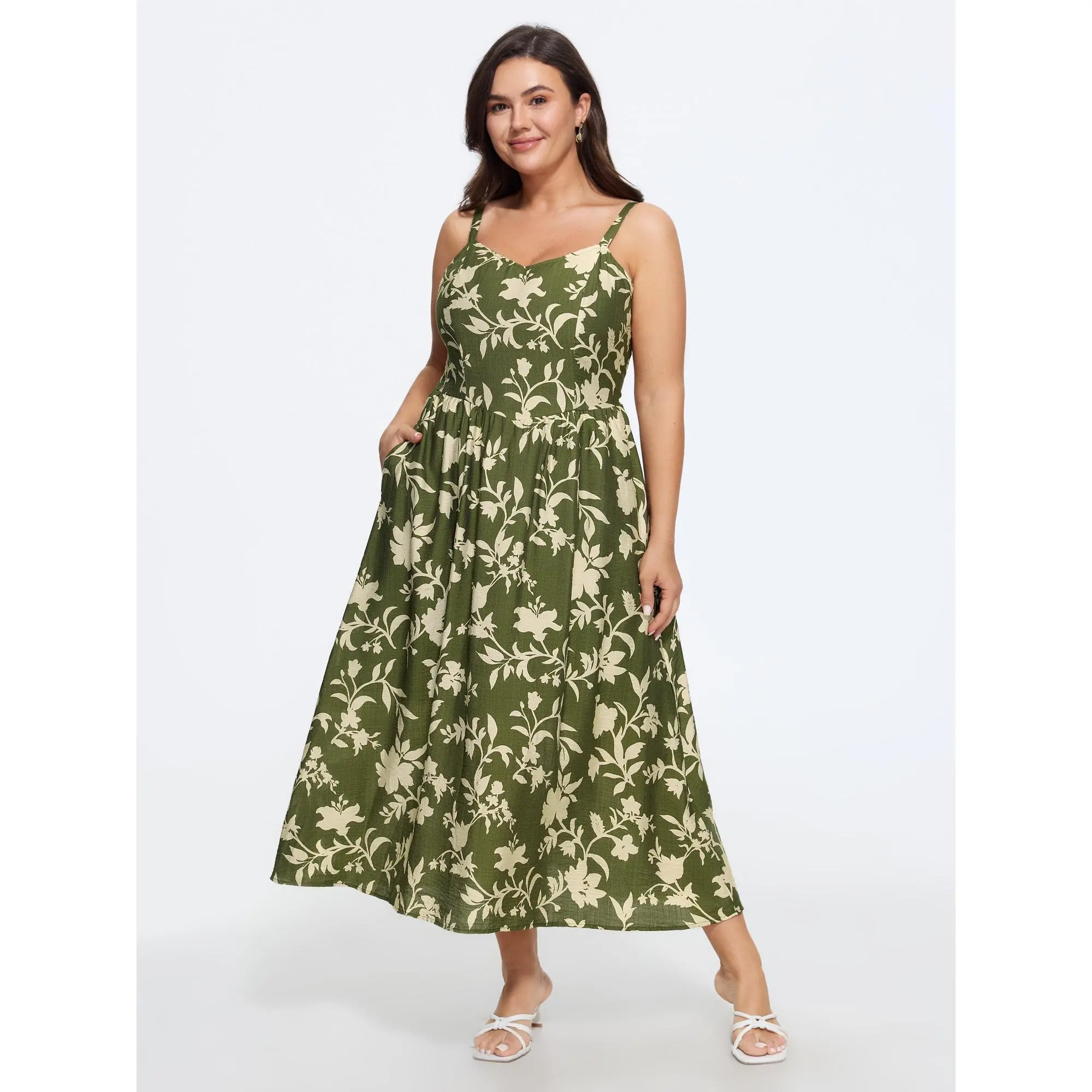 BloomChic Plus Size Romantic Floral Print Rayon Cami Maxi Dress, Sleeveless Smocked Bodice with Side Pocket for Summer, Plus Size Dresses, Fabric Blend, Shirring Detail, Cami Neck, Olive, Nylon, Smooth, Garment