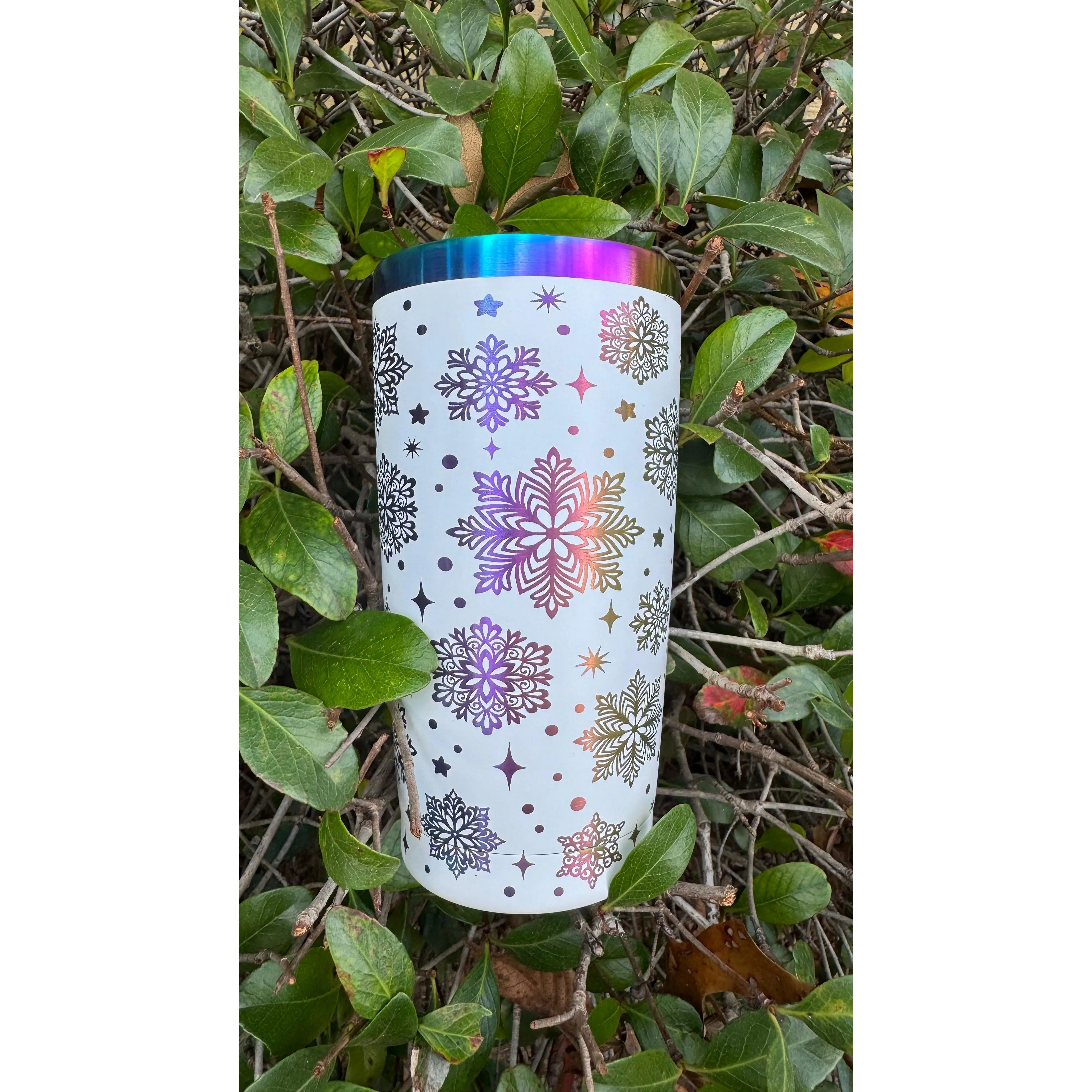 20oz Rainbow-Plated Snowflake Tumbler Laser Engraved Stainless Steel Coffee Drinkware with Slide Lid & Reusable Straw for Iced Coffee and Holiday Gifting