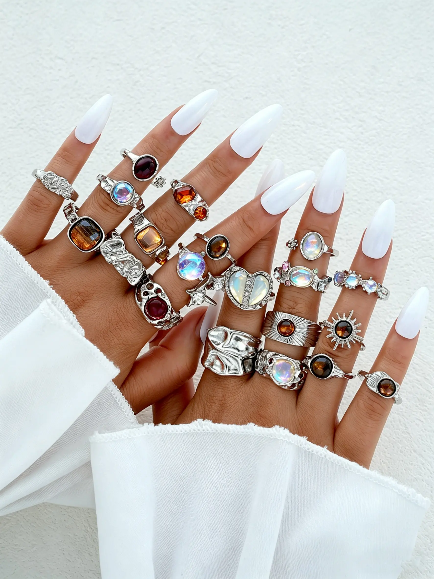 20pcs Women's Stackable Ring Set, Beautiful Rings, Chunky Retro Y2K Wide Band, Tiger Eye Sunflower Asymmetric Colorful Rhinestone Heart Rings, Ideal Gift for Girlfriend and Mom, Rhinestone Decor Ring
