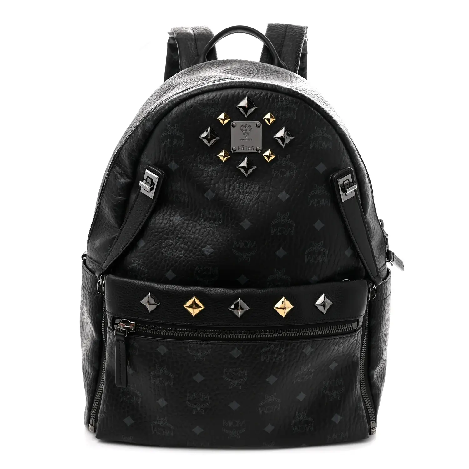 Pre-owned MCM Visetos Coated Canvas Backpacks Visetos Studded Medium Dual Stark Backpack Black
