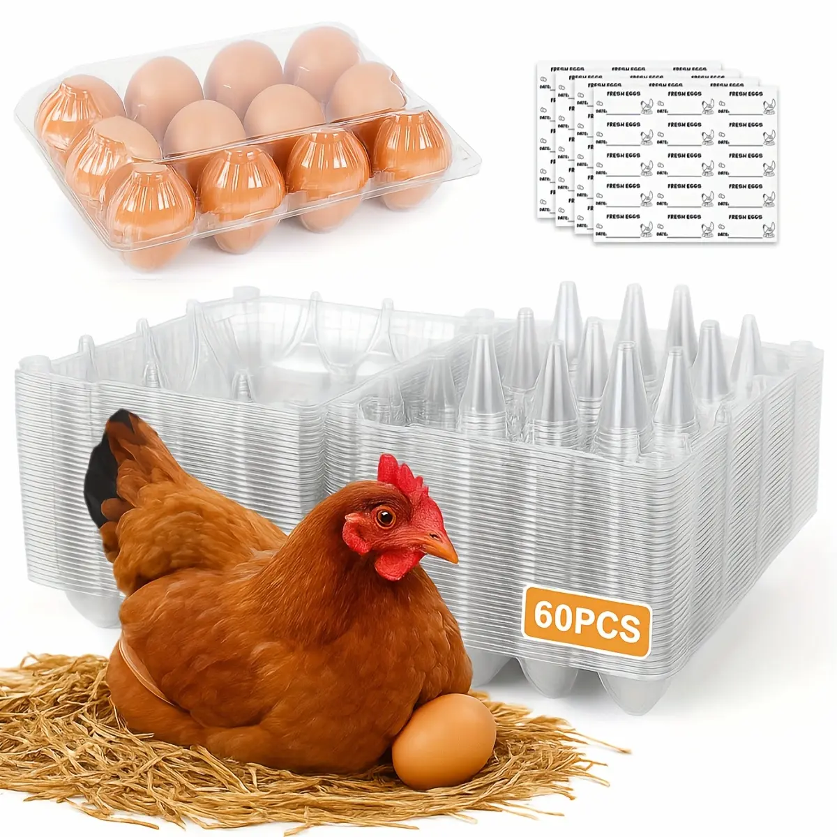 60 Pcs Egg Plastic Cartons Cheap Bulk, 12-cavity Clear Plastic Egg Box with 4 Sticker Labels, Bulk Packaging Plastic Egg Bulk Packaging for Home Kitchen, Ranch, Chicken Farm, Commercial Market, Refrigerator Storage