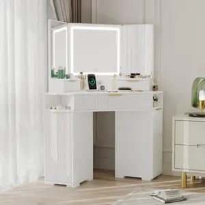 Space-Saving Corner Vanity Desk with Lighted Mirror – Wooden Makeup Table with Charging Station, 3 Drawers, Storage Cabinets & Open Shelves for Bedroom