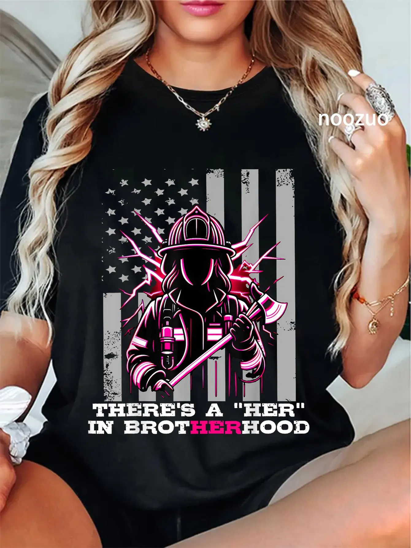 100% Cotton There's A "HER" In Brotherhood Female Firefighter Womans USA T-Shirt
