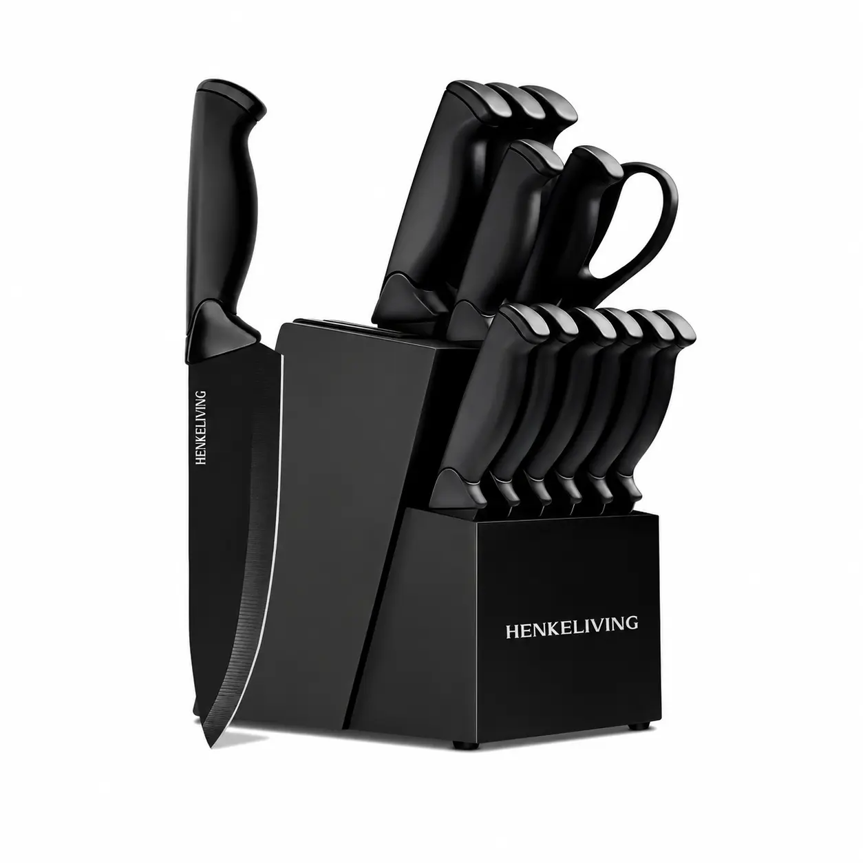 HENKELIVING Knife Set, 14-Piece Kitchen Knife Set with Block, Dishwasher Safe, Extremely sharp blade & ergonomic handle, black