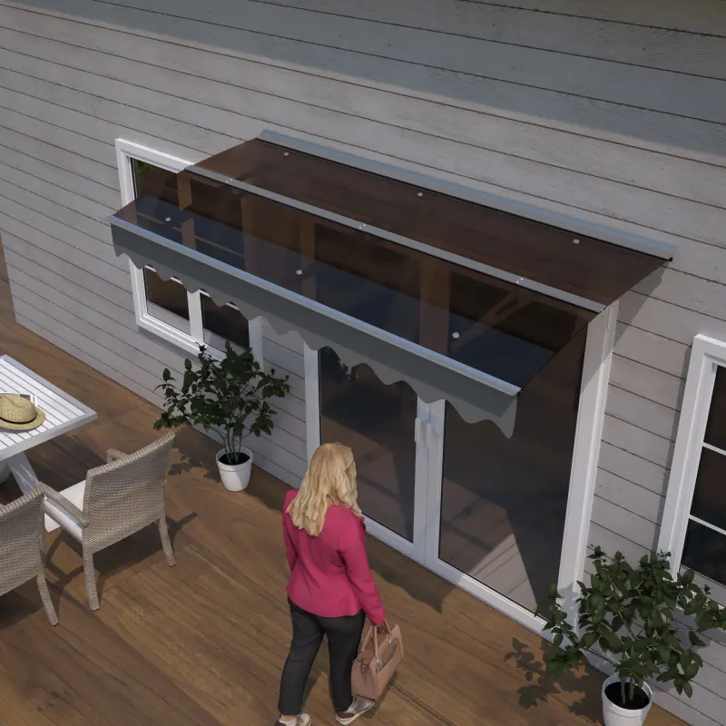79" x 34" Window Awnings Door Entrance Canopy, Aluminum Alloy Bracket, 0.137 Inch Thick Crystal Solid Polycarbonate Sheet with Valance for Wooden Wall House (Brown Roof) ,Waterproof and UV resistant,firm