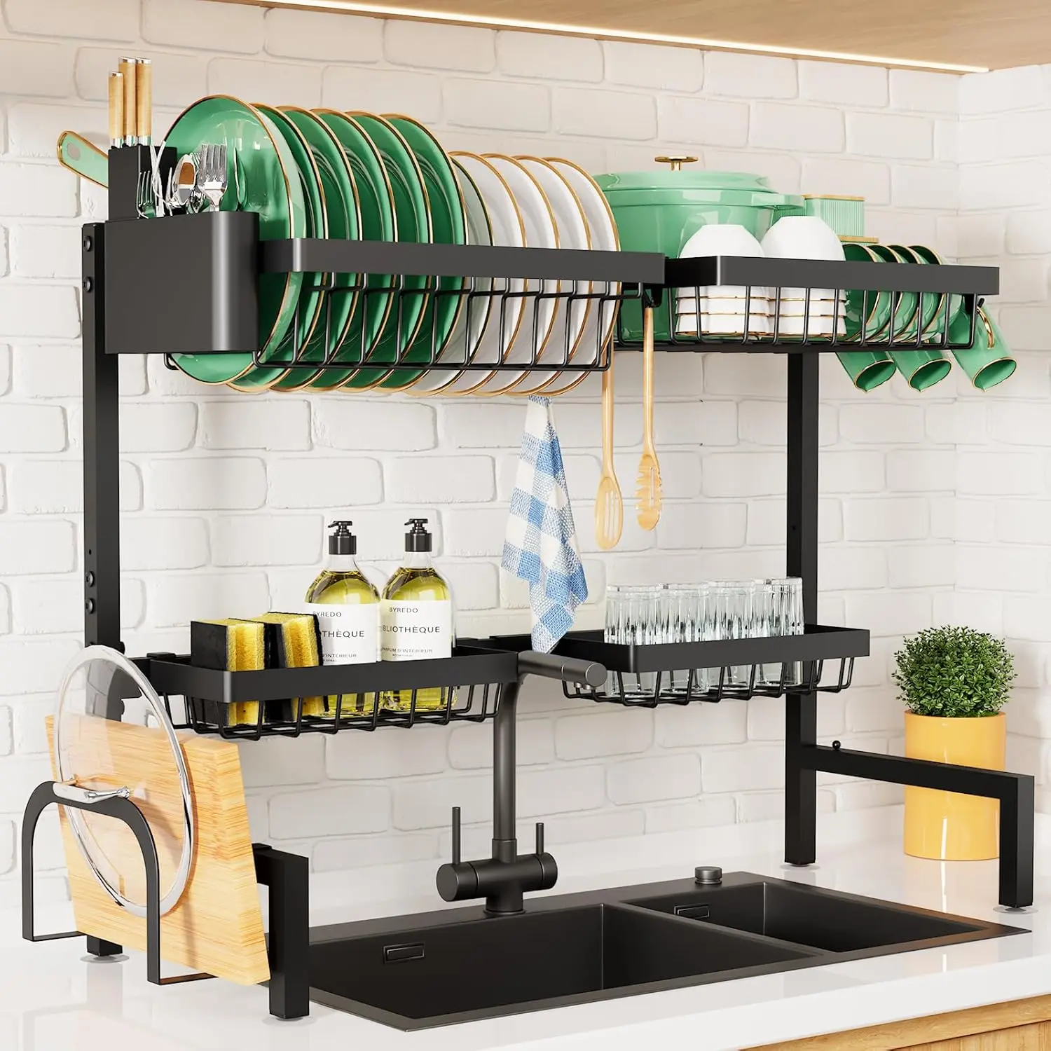 Over The Sink Dish Drying Rack - 26.8" to 33.9"x21.5", Adjustable Sink Drying Rack for Kitchen Sink with Large Capacity, 2-Tier Dish Rack Over Sink with Multifunctional Baskets, Black