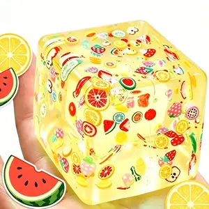 Clear Fruit Confetti Cube Squishy Toy, Kawaii Transparent Liquid Fidget Squeeze Toy for Stress Relief