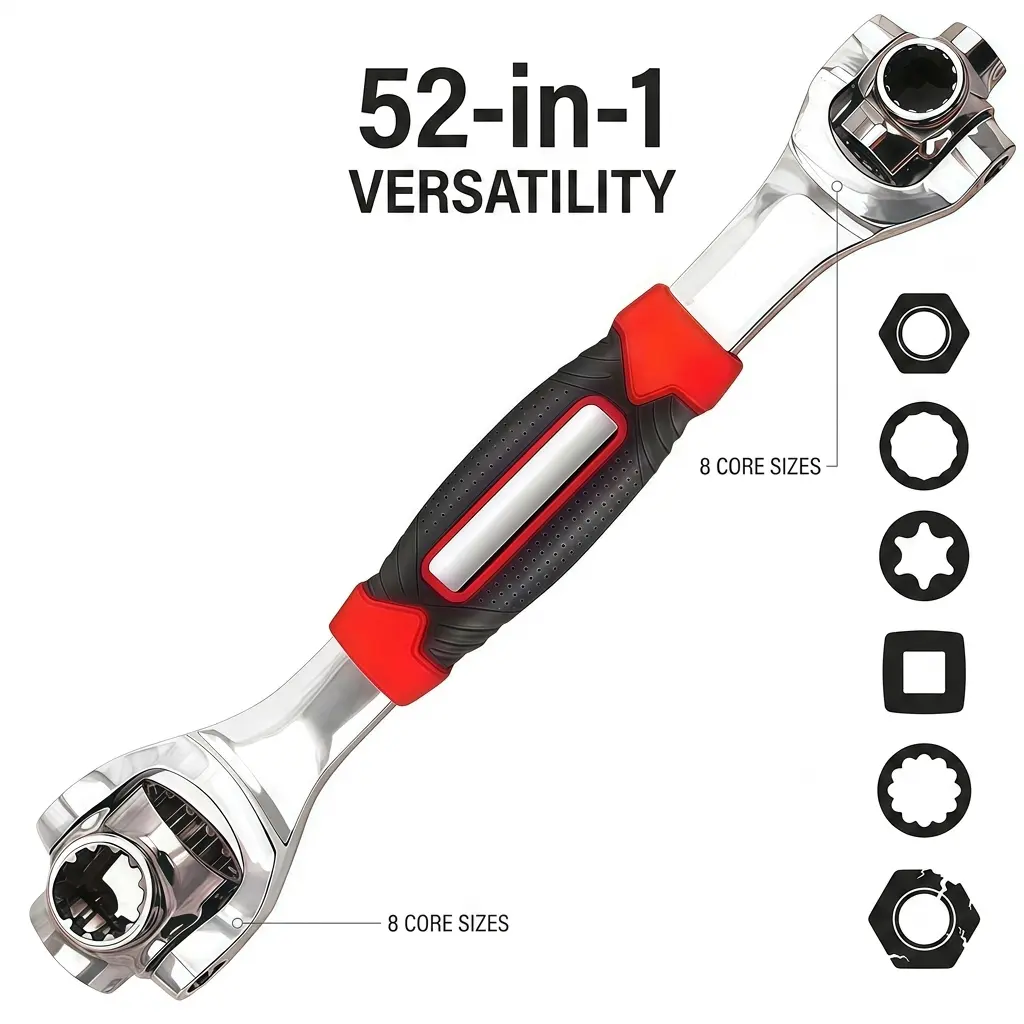 52-in-1 Universal Socket Wrench with 52-in-1 Versatility, 360-Degree Swivel Head, 45-Degree Angled Design, Ergonomic Non-Slip Rubber Grip, Dog Bone Shape, Heavy-Duty Construction for Metric SAE Bolts, Home Automotive Repairs, Fathersday Gift