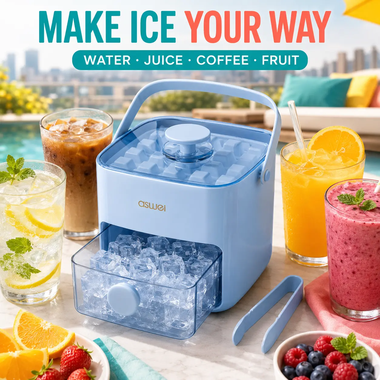 Portable Transparent Square Ice Cube Trays for Freezer - 48-Cube Press-Release Set with Storage Bin, Double-Layer Container, Lid, Pull-Out Drawer, Carry Handle, Ice Tongs, BPA-Free Reusable Utensils for Cocktails, Parties, Home