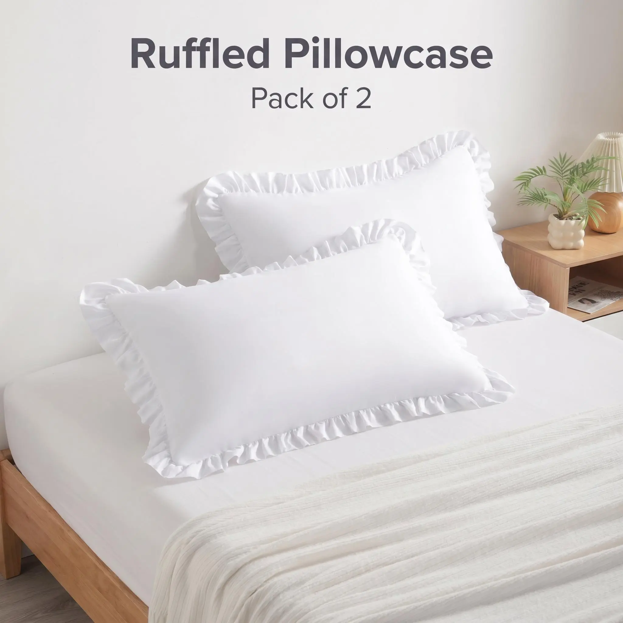 Bedsum Premium 1800 Series Ruffled Bedding Shams, Romantic 2" Ruffle Trim Pillowcases, Ultra Soft Brushed Microfiber Decorative Pillow Covers, Shabby Chic Cottage Style, Standard/Queen/King Set of 2