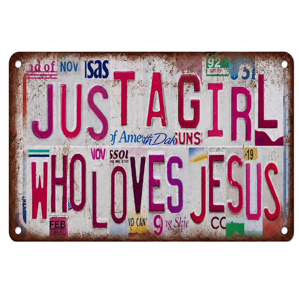 12x8 in Metal Aluminum Vintage Plaque Sign, Girl Cave Home Wall Decor - "Just A Girl Who Loves Jesus" Christian Themed Specialty Plaque