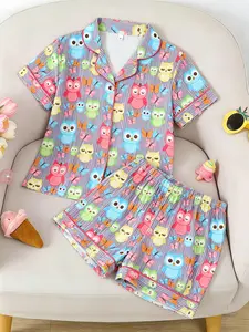 Kids Pajama Set, Fire-Resistant Knit Fabric, Cartoon Owl Butterfly Print, Loose-Fitting Short Sleeve, All Seasons Sleepwear, Striped Print Pajama