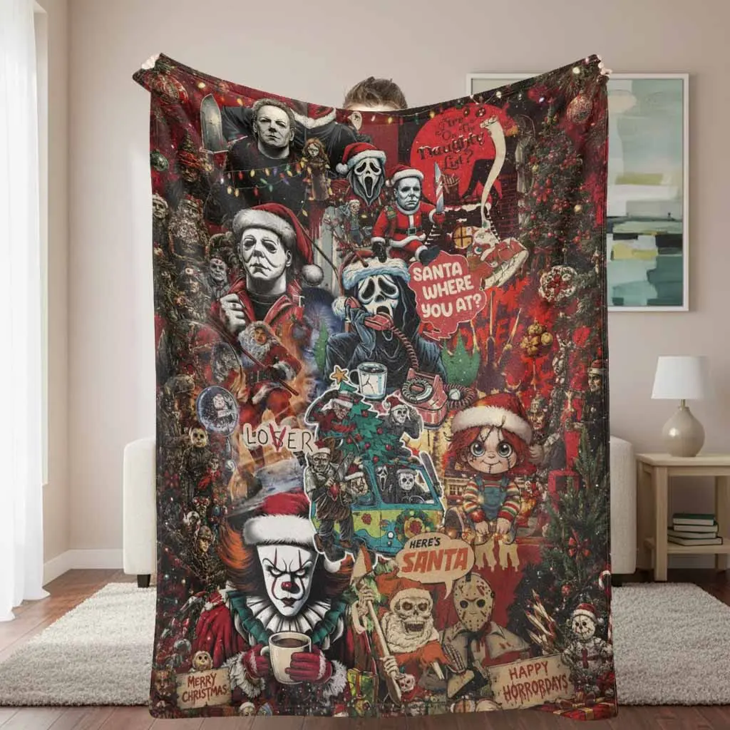 Dark Christmas Flannel Blanket with masked figure collage print festive lights soft cozy warm lightweight decor for sofa bedroom movie night party gift