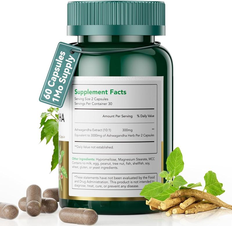 Ashwagandha Supplements with 150 mg of Extract(1500mg Herbs) for Energy Support Occasional Sleeplessness, Organic Ashwagandha Capsules for Men & Women