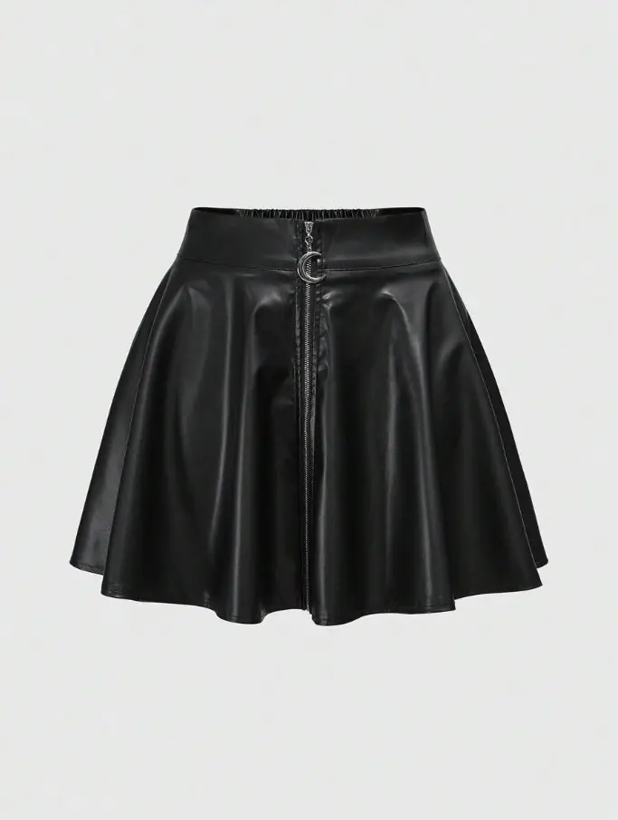 LUNA LAYER Womens Gothic Punk Matte Black PU Leather Zip Front Moon Pendant A Line Skort