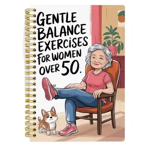 Elegant Silver-Haired Grandma Wearing T-Shirt, Jeans, and Sneakers, Sitting on Chair Balancing, Cute Small Corgi Dog