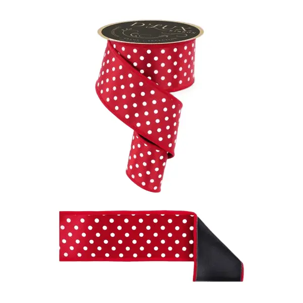 2.5" x 10yd D'Lux Small Polka Dot Ribbon in Red & White w/ Black Fused Backing