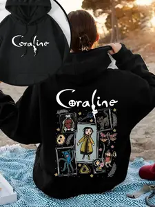 Coraline Double-Sided Oversized Everyday Casual Knit Hoodie Sweatshirt - Women's Black Graphic Hoodie with Front & Back Movie-Inspired Prints