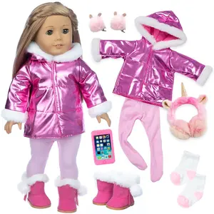 Little Kids Doll Clothes Accessories Winter Travel Ski Jacket,Sweaters,Hat Leggings Bags Suitcase,Shoes Outfit Sets for 14-18 Inch Kids Doll Toys