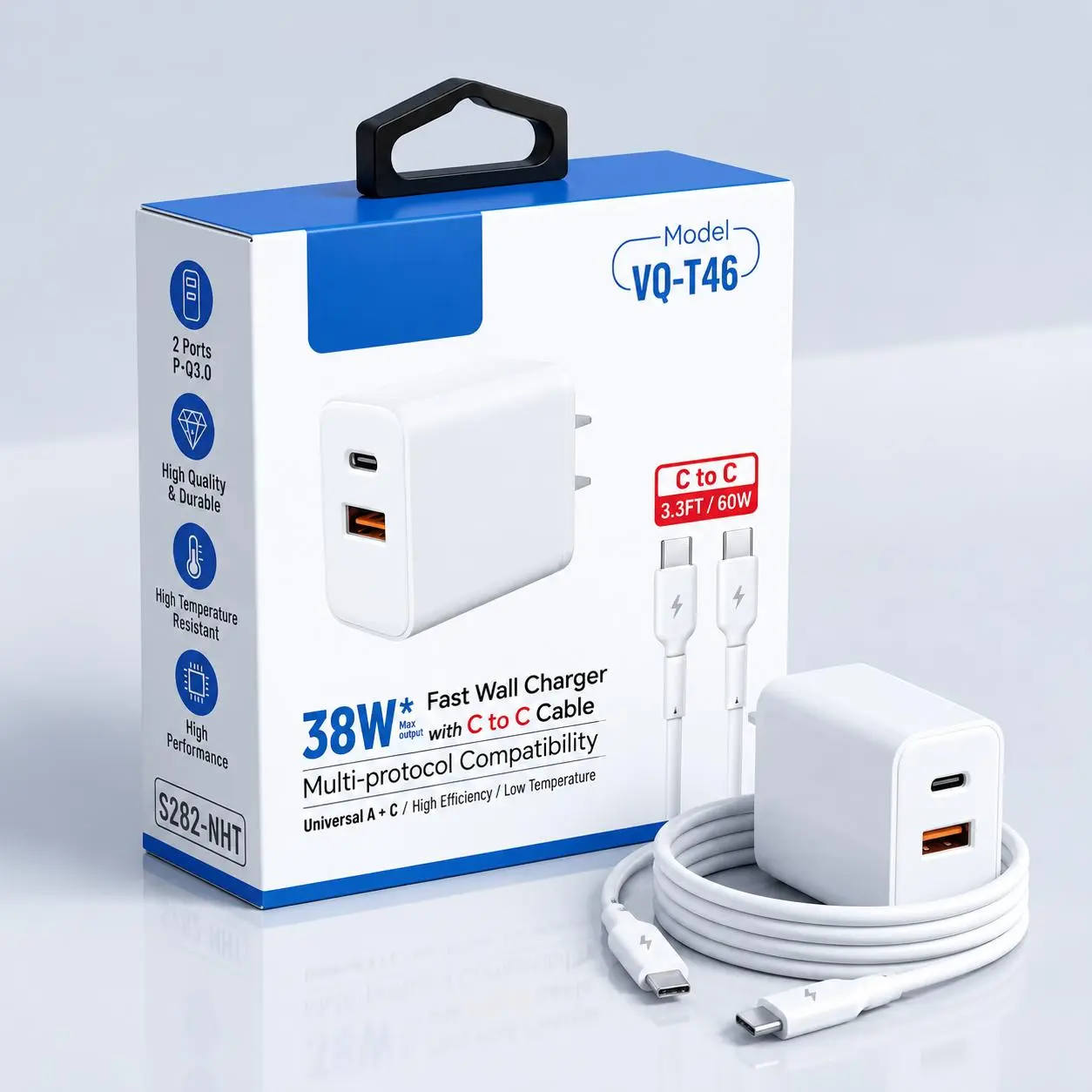 38W Fast Wall Charger USB C PD + USB A QC3.0, Dual Port Fast Charging Adapter with Type-C to Type-C Cable