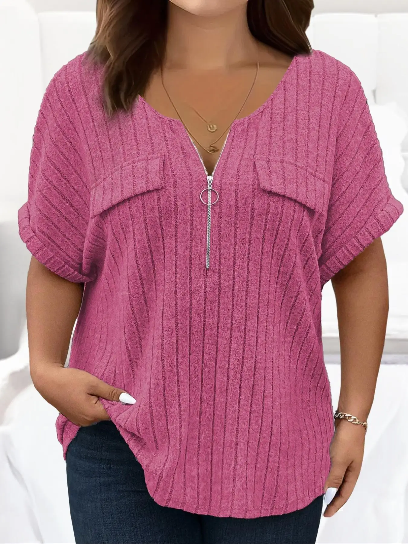 【Plus Size】 Solid Half Zipper Pocket Ribbed Tee, Casual Half Sleeve T-shirt for Spring, Women's Clothing for Daily Wear