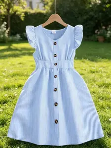 Girls Striped Dress, Fashion V Neck Button Design for Casual Wear, Lightweight Comfortable Summer Dress for Daily Outings & Vacations, Ruffled Sleeve Dress