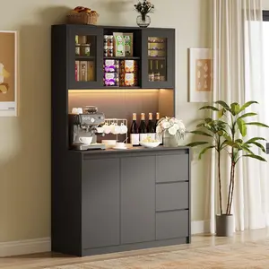 GARVEE Kitchen Pantry Cabinet with Led Lights and Charging Station, Modern Kitchen Cabinet Hutch Cabinet with Storage and Microwave Stand, Tall Pantry Cabinet Buffet Cabinet with Countertop, Black