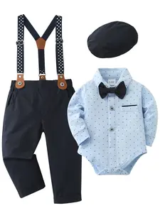 Baby Boy Cute Clothes Set Clothes 0-18M Infant Baby Gentleman's Suits 4pcs Baptism Easter Wedding Outfits boys suits Romper Shirt Suspender Pant Bowtie Beret  Gift Set