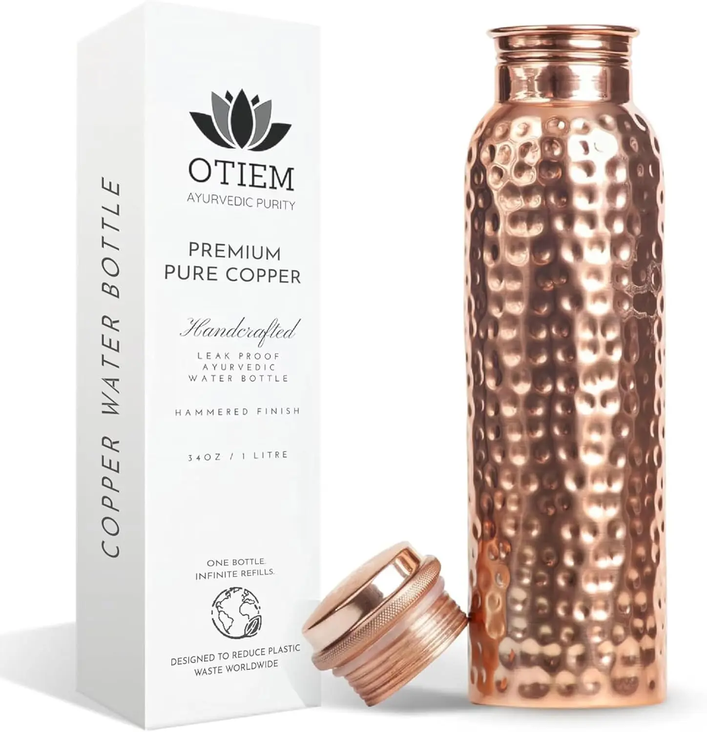 100% Copper Water Bottle for Drinking Water, 34 Oz Hammered Finish | Stay hydrated with Ayurvedic benefits, leak-proof lid, easy to clean, eco-friendly design and durable copper bottle