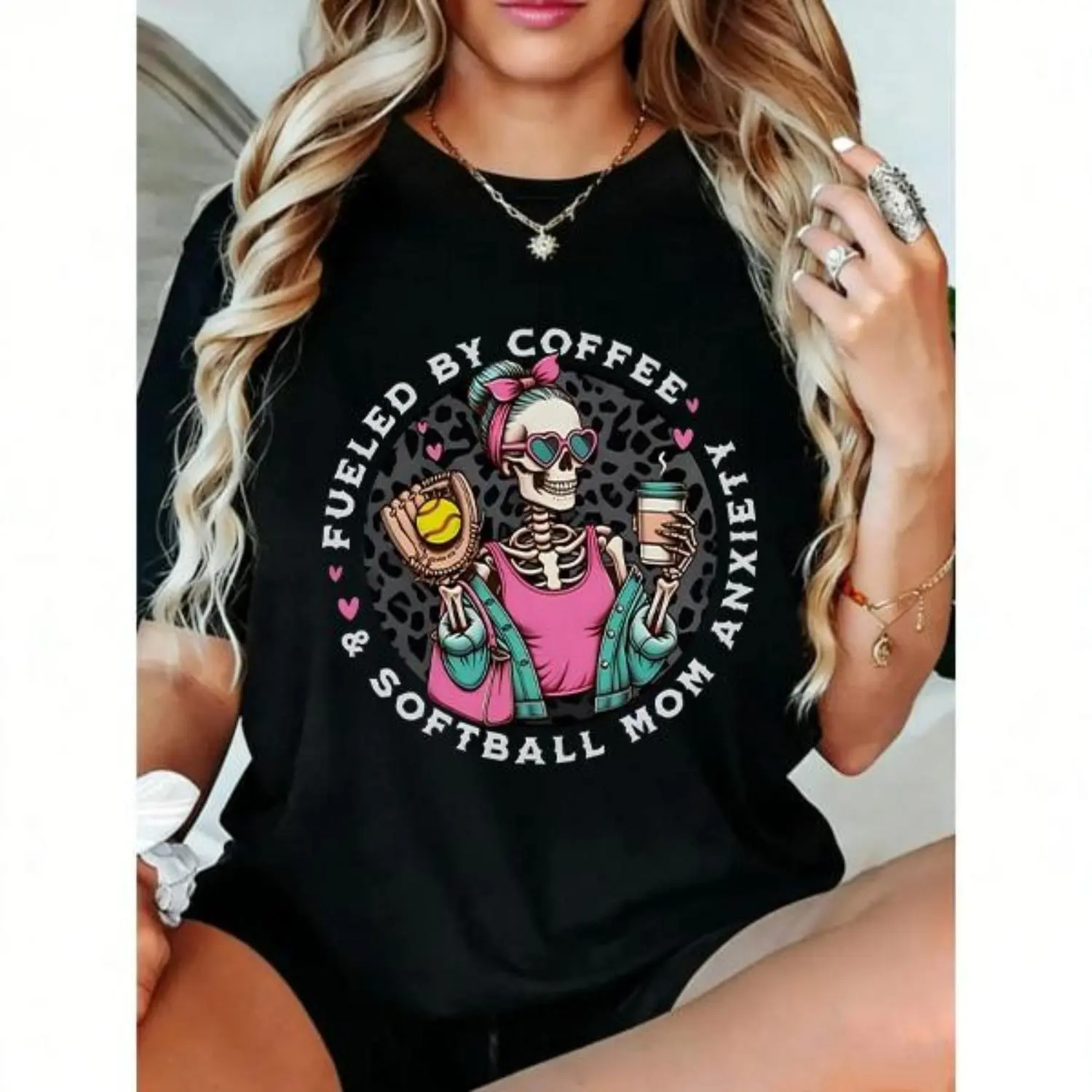 Softball Mom T Shirt Funny Game Day Tee Softball Lover Gift Coffee And Softball Skeleton Sports Mom Oversized Cotton Graphic Tee
