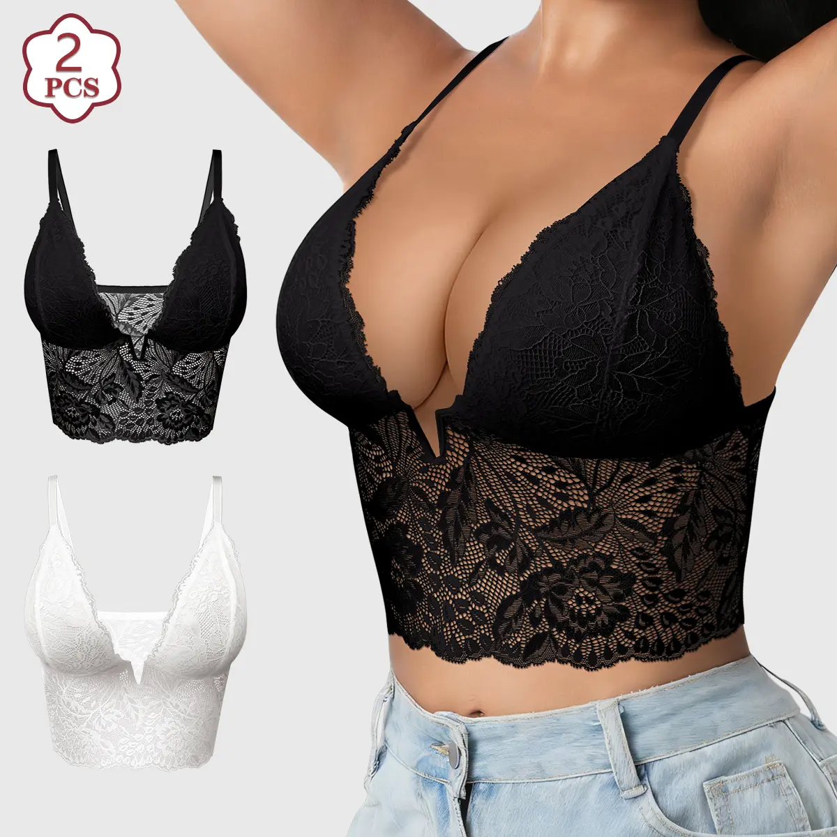 2-Pack Women's Deep V Neck Wireless Bra, Sexy Chic Lace Patchwork Bralette Tank Top, Soft Breathable No Wire Bra with Adjustable Straps, Comfortable Everyday Lingerie Bra for Women