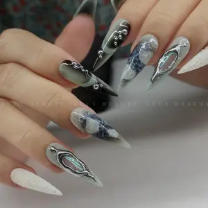 Green Ocean Design Press On Nails, Gothic Punk Rock Horror Nails, Goth Y2K Nails, Long Nails, Stiletto Nails