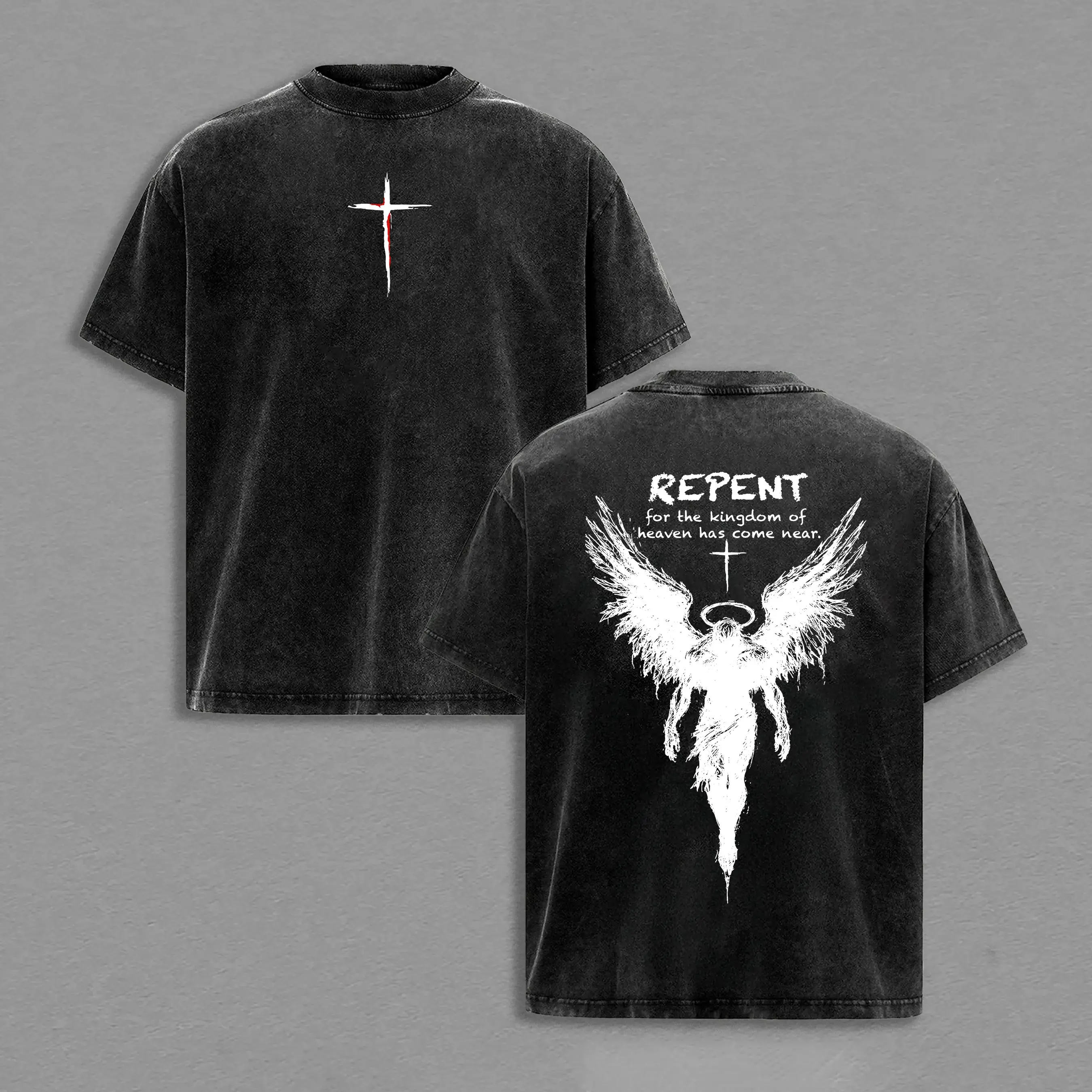 Menswear Casual Short-Sleeve Round Neck Christian T-Shirt - Vintage Washed Oversized Heavy Cotton Unisex Top, Angel Wings Faith Graphic, "Kingdom of Heaven Has Come Near" Gospel Worship Streetwear, Tshirt, Shortsleeve