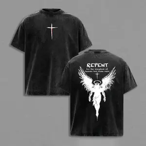 Repent Vintage Washed Oversized Christian T-Shirt, Angel Wings Faith Graphic Tee, “Kingdom of Heaven Has Come Near” Gospel Streetwear Top, Heavy Cotton Unisex Retro Worship Shirt
