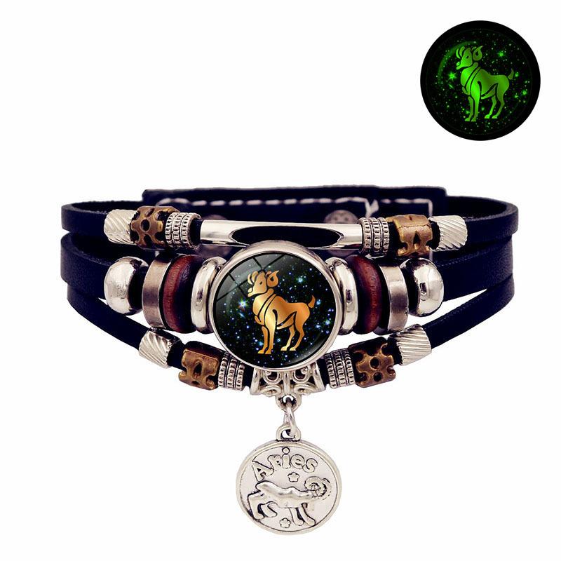 Luminous 12 Zodiac Signs Leather Bracelet — Unisex Gift, Commemorative, Handmade, Multi-Layer Beaded Wristband & Creative Jewelry