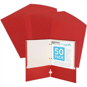 Red Folders with Pockets, Paper Red Pocket Folders with Business Card Holder, 3 Hole Punched 2 Pocket, for Documents, Presentation, School and Classes, Assorted Colors, 50 Pack
