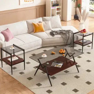Glass Coffee Table Sets of 3, Modern Brown Living Room Table Set End Tables with Black Metal Legs & Wood Walnut Bottom Shelf, Center Cocktail Furniture