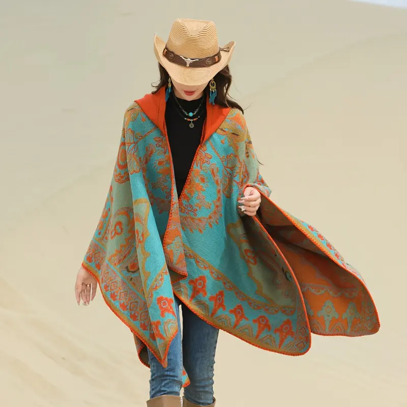 exercise fingers Bohemian Style Women's Shawl, Vintage Patterned Fashion Poncho, Knitted Warm Scarf with Hood, Non-Stretch, Windproof, Polyester, Hand Wash or Dry Clean