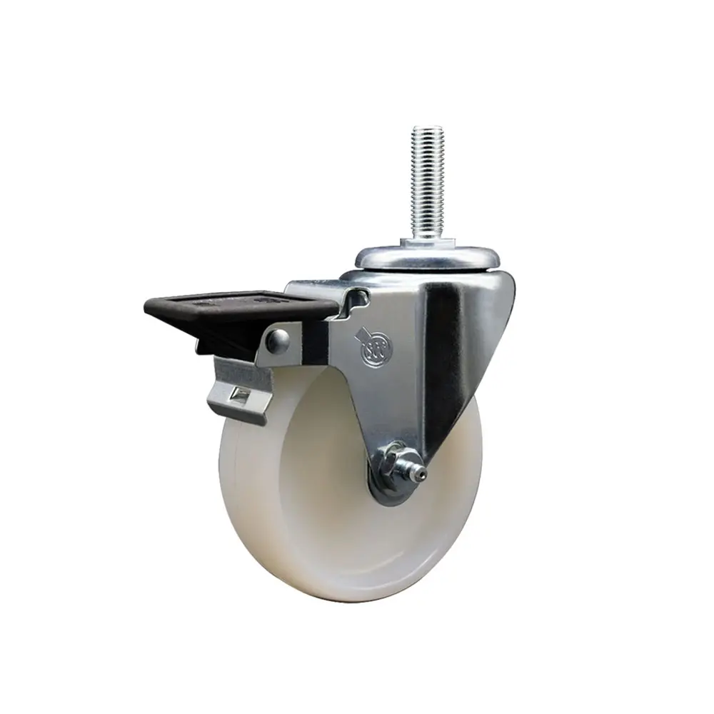Service Caster SCC-TS20S414-NYS-PLB-58212 Nylon Swivel Threaded Stem Caster, 4x1.25 in. White Nylon Wheel, 0.63 in. Stem, Posi Locking Brake, 300 lbs Capacity, High Resistance to Substances, Low Rolling Resistance, Brake Capable for Carts & Equipment, Cas