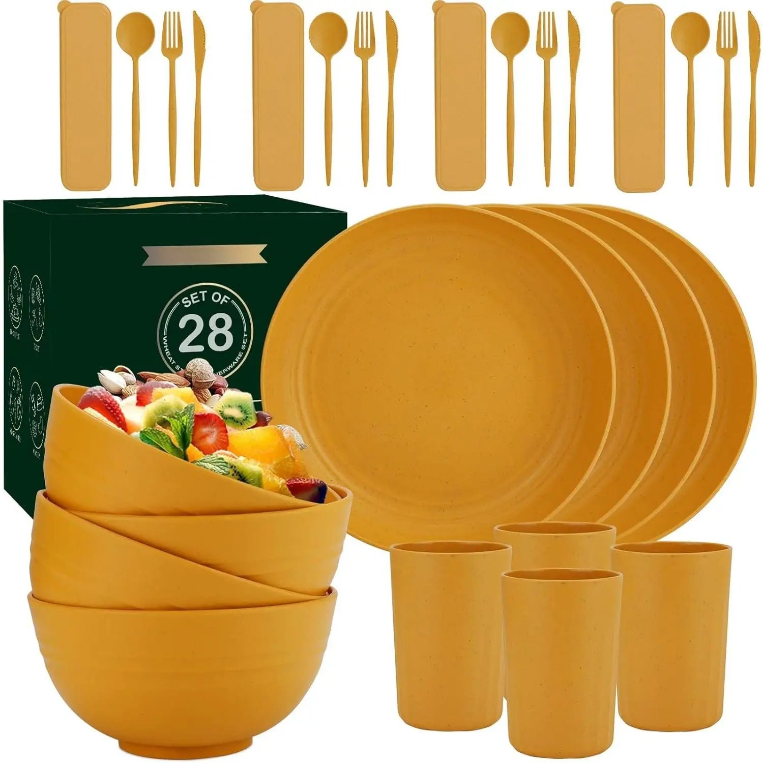 28- Wheat Straw Dinnerware Sets, Microwave & Dishwasher Safe Unbreakable Dinnerware Set,  Dishware Sets, Lightweight Camping Dishes, Plates, Cups, Cereal Bowls for 4(Yellow Orange)