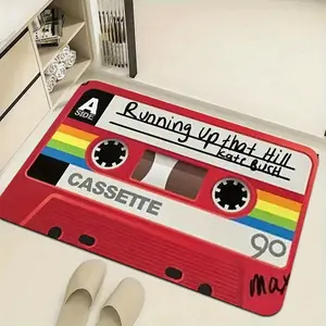 Durable Entryway Floor Mat, Dirt & Water Absorbent, Non-Skid Bottom, Stain Resistant. Classic Cassette Tape & Song Title Design, Ideal for Music Room & Front Door Use