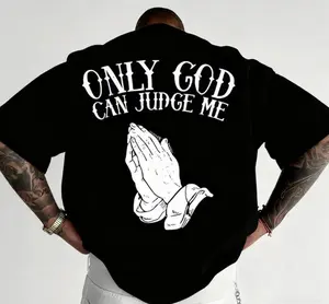 Men'S "Only God Can Judge Me" Graphic T-Shirt - Casual Crew Neck,Loose Fit, Short Sleeve Top, Polyester, Beige with Praying Hands Design,Cotton Fabric