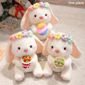 25cm/9.84in Flower Garland Lop-Eared Rabbit Plush Toy, Soft Stuffed Animal - Cute White Bunny Holding Easter Eggs & Flower Bouquet | Festive Decor Ornament | Perfect Gift for Easter, Valentine's Day | Soft Stuffed Doll