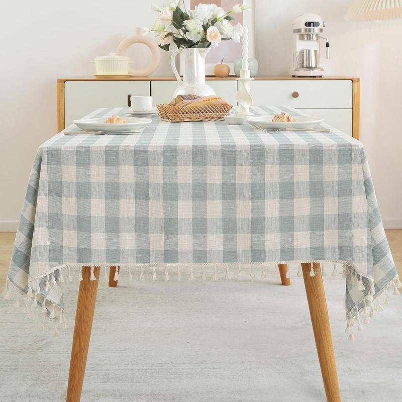 Checkered Tablecloth Rectangle Cotton Linen Fabric Gingham Table Cloth Buffalo Plaid Table Cover with Tassel Wrinkle Free Washable for Kitchen Dining Picnic, Blue and White, 55X55''