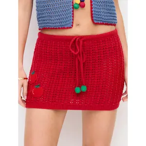 Cider Crochet Knit Mid Rise Tomato Applique Bodycon Mini Skirt