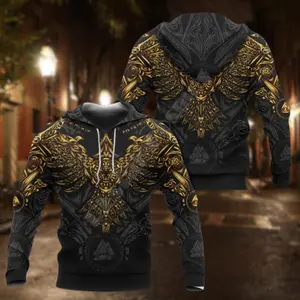 Viking Huginn Gold Tattoo 3D Hoodie, Norse Mythology Graphic Sweatshirt, Nordic Warrior Streetwear Pullover, Unique Odin Raven Fan Gift Idea