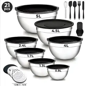 21Piece Mixing Bowls Set With Airtight Lids 7Pcs Stainless Steel Bowls 3 Grater Attachments Multifunctional Kitchen Food Container Durable Reusable Bowl For Baking Cooking Mixing Serving Storage Daily Kitchen Use