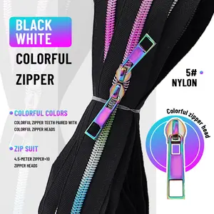 Multicolor Zipper Set, 5# Gradient Zippers + 10 Zipper Heads, Home Sewing DIY Replacement Zippers, 5 Yards Per Zipper