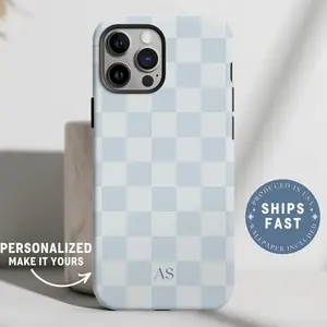 Personalized Blue Phone Case Custom Monogram Phone Case Checkered Light Blue Phonecase Checkerboard Phone Case with Initials Checker Case
