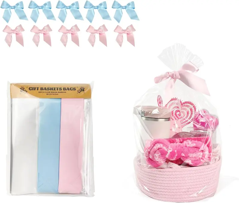 EKAPACKAGING 16X24 Inches 10 Pcs Large Cellophane Bags for Gift Baskets, Plastic Gift Basket Wrapping with Ribbons, Clear Cellophane Gift Bags for Party, Mother’S Day, Baby Showers, Christmas